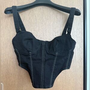 BLACK DENIM CROPPED CORSET TOP WITH ZIPPER BACK